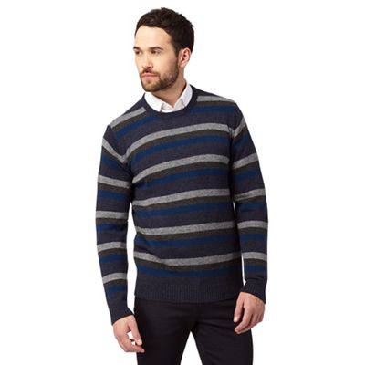 Big and tall dark blue striped lambswool blend jumper
